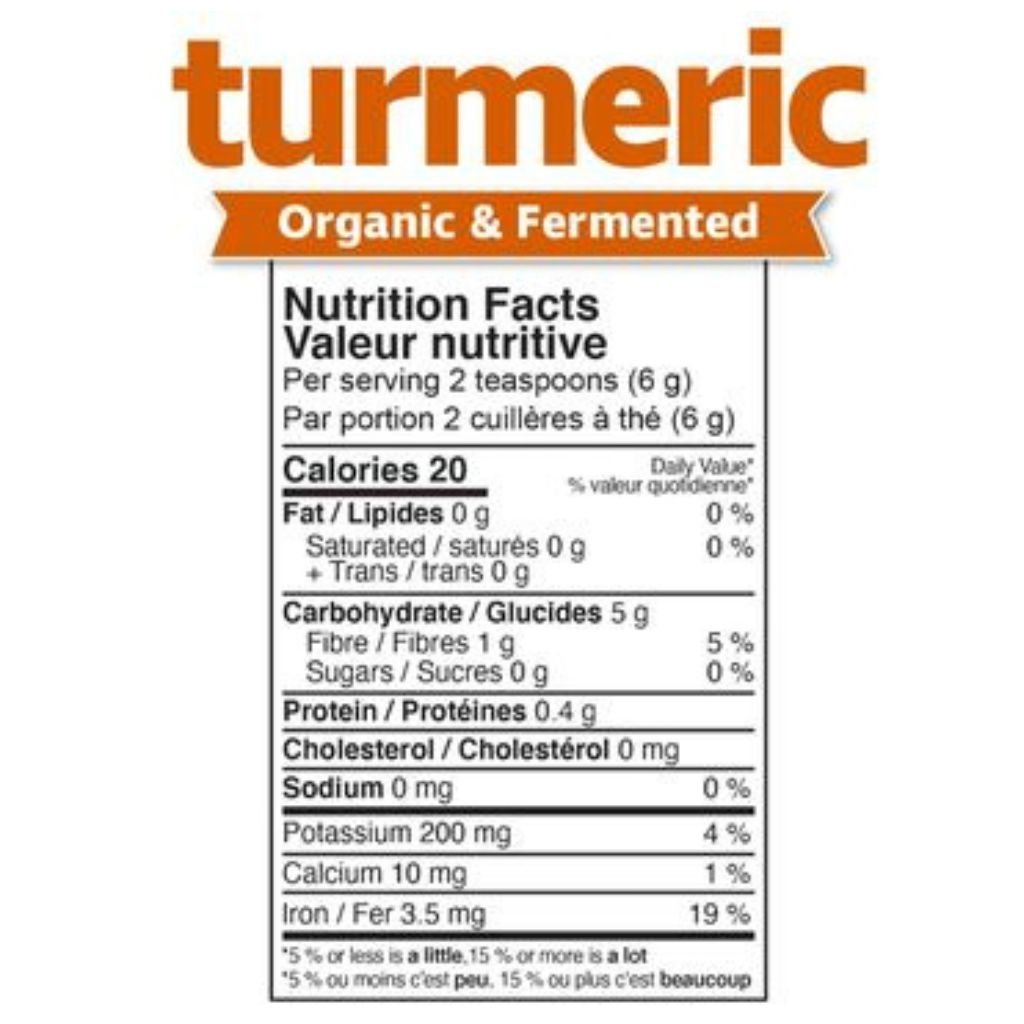 Turmeric powder nutrition facts label showing 'Organic & Fermented' branding and a nutrition facts table on a white background.