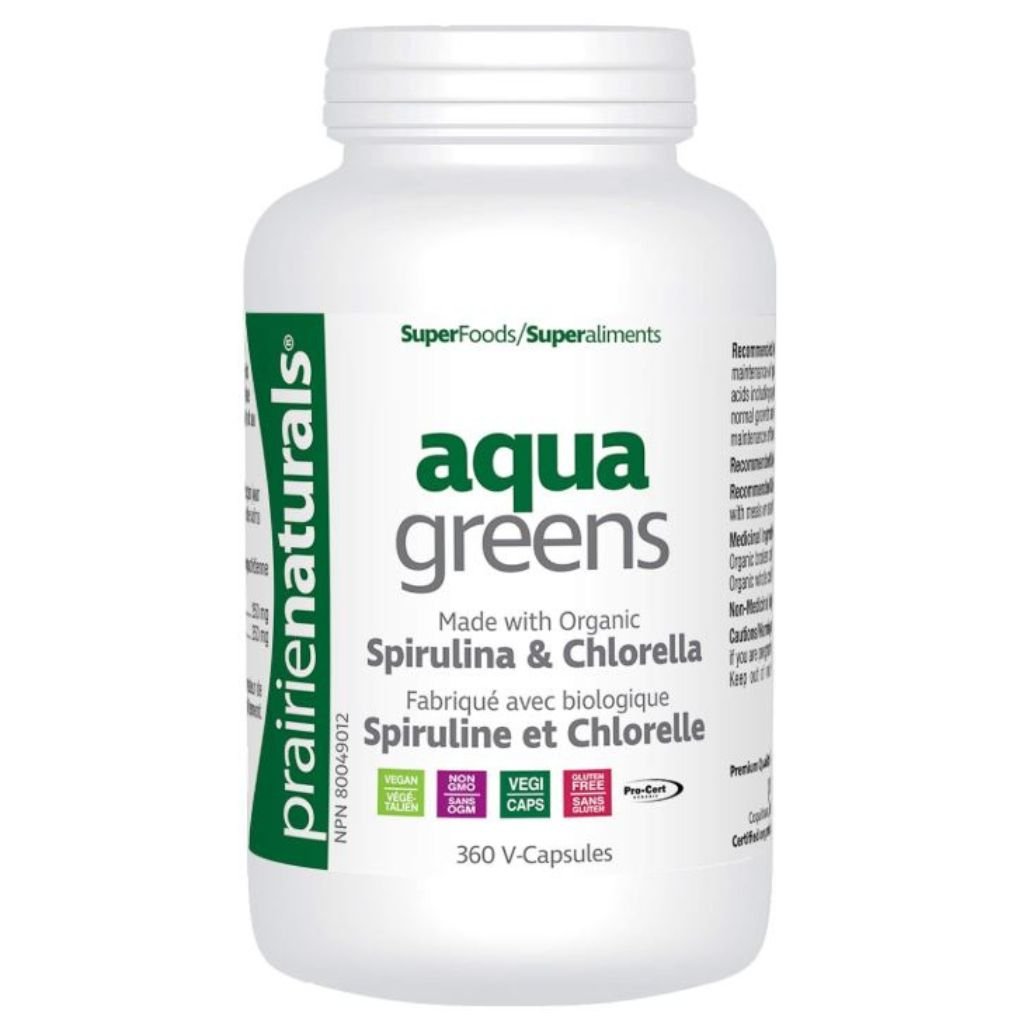 A white plastic bottle of Prairienaturals Aqua Greens Spirulina & Chlorella supplement, featuring a green and white label with text in English and French.