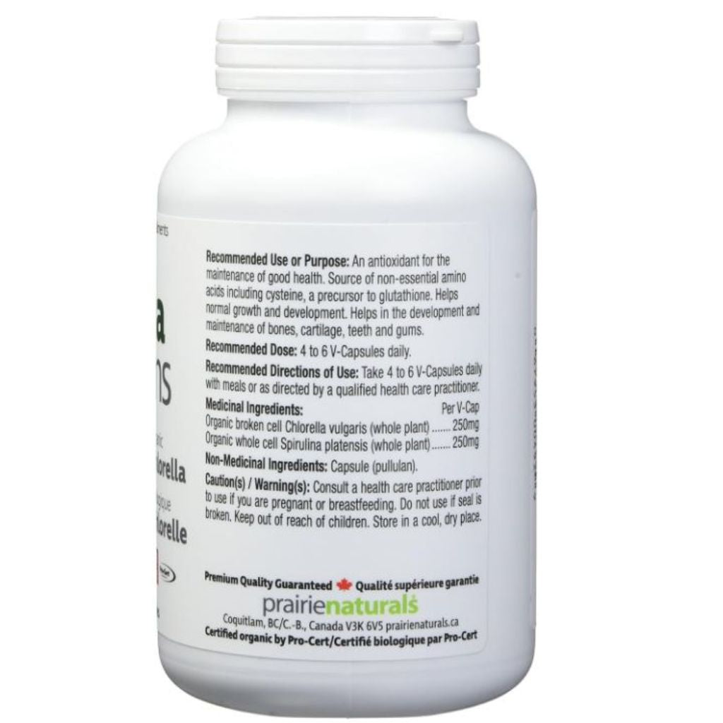 A white plastic bottle of Prairie Naturals dietary supplement with a white cap, showing the back label with black text and a green certification banner at the bottom.