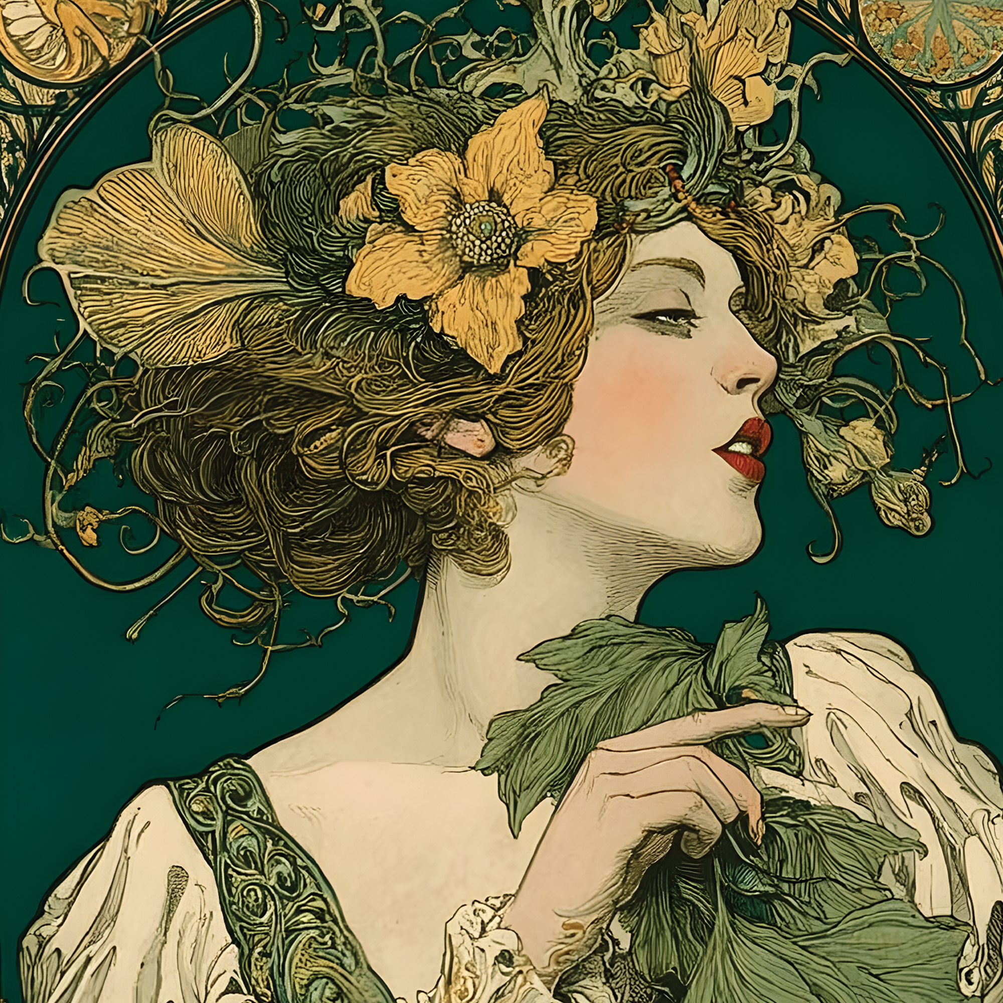 Artistic depiction of a woman with flowers in her hair against a green Erethereal_Art_print_Absinthe background