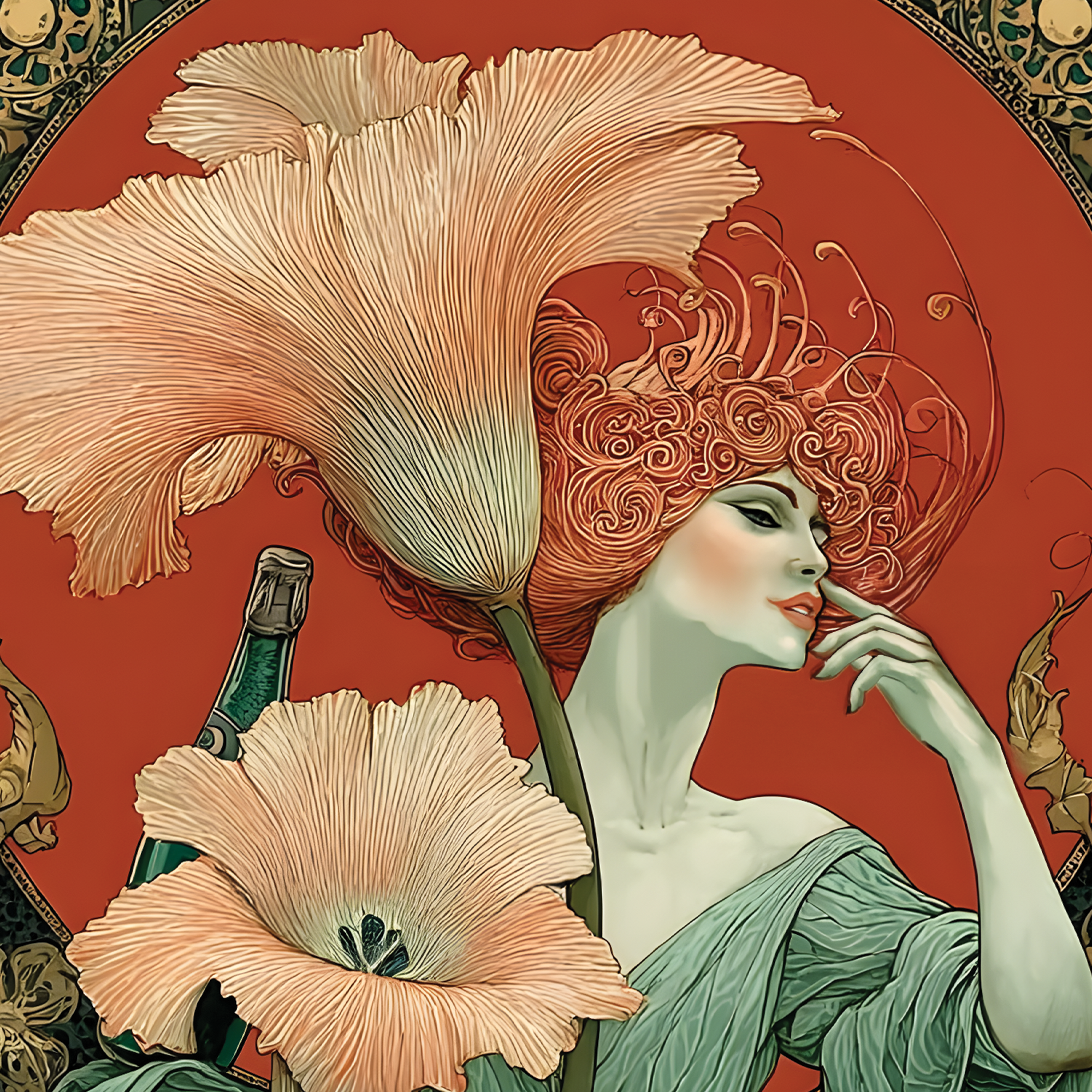 Artistic depiction of a woman with elaborate hair and flowers, with a decorative red background.