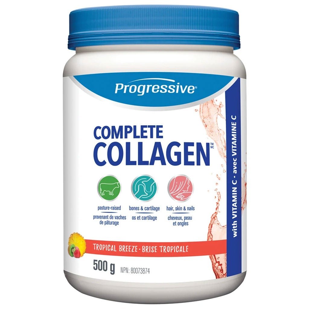A white plastic tub of Progressive Complete Collagen powder with a blue cap, featuring a white label with blue and red text and icons, on a plain white background.