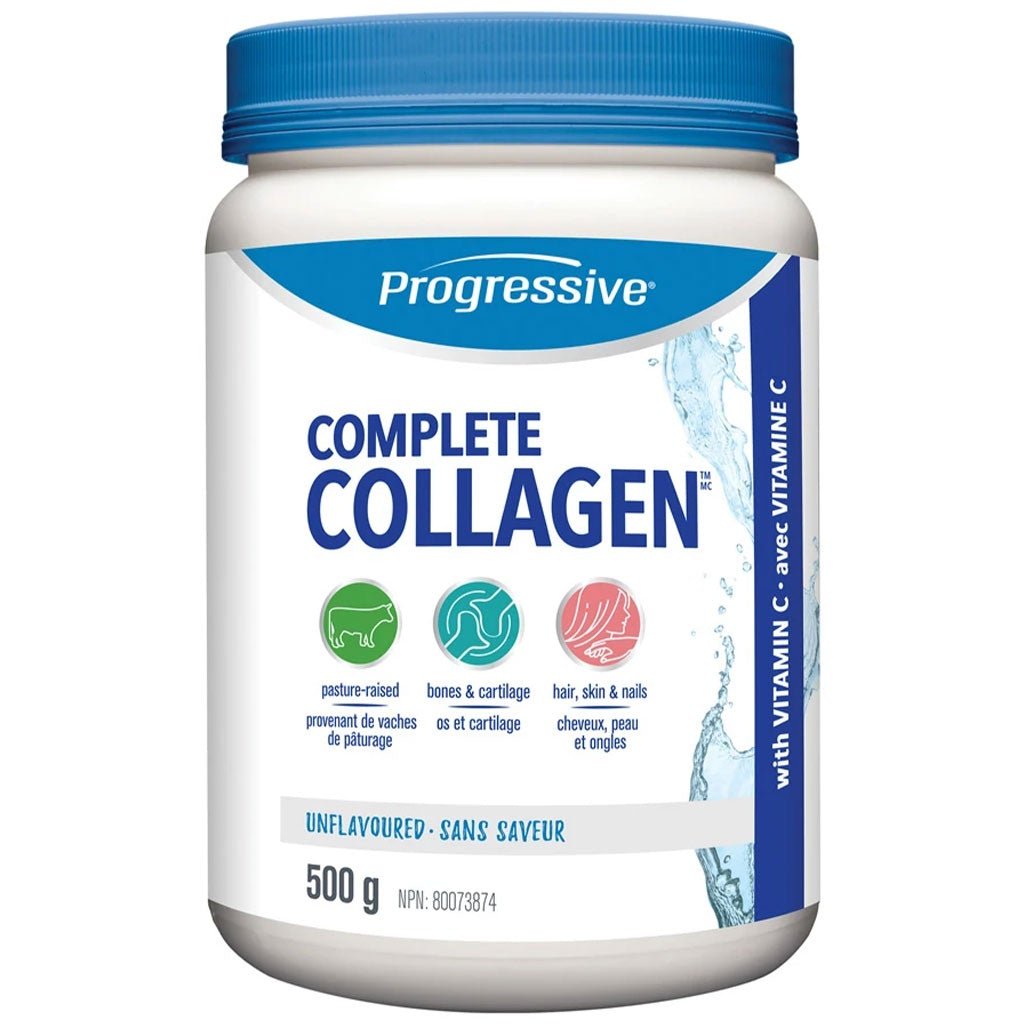 A white plastic tub of Progressive Complete Collagen powder with a blue screw-top lid and blue label accents, shown on a plain white background.