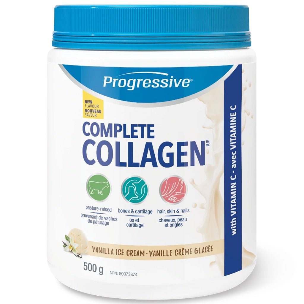 A 500g tub of Progressive Complete Collagen powder in Vanilla Ice Cream flavor, featuring a white container with a bright blue lid and blue and white label design.