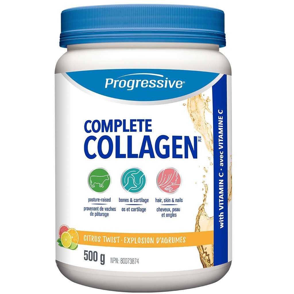 A white plastic tub of Progressive Complete Collagen powder with a blue screw-top lid and a white label featuring blue text, green, teal, and pink icons, and citrus graphics.
