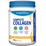 A white plastic tub of Progressive Complete Collagen powder with a blue screw-top lid and a white label featuring blue text, green, teal, and pink icons, and citrus graphics.