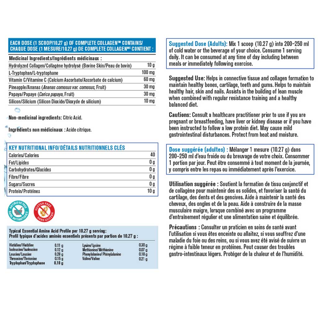 Front and back views of a blue and white box of Collagen Supreme Complete Collagen Powder, showing nutritional facts and usage instructions.