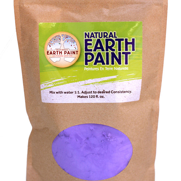 Bag of Natural Earth Paint with purple powder on a white background