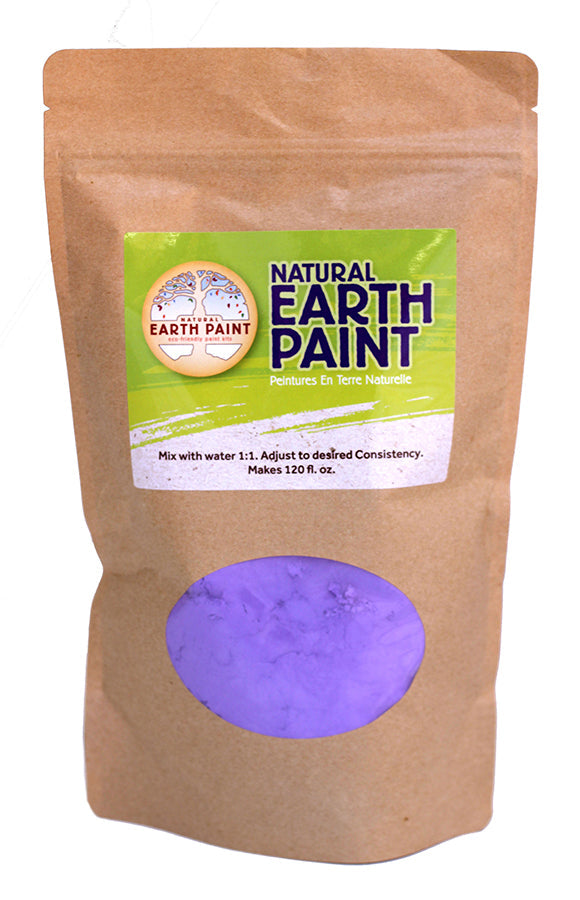 Bag of Natural Earth Paint with purple powder on a white background