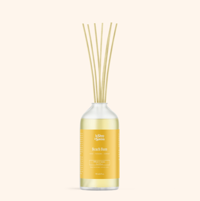 Reed diffuser with a yellow label on a white background