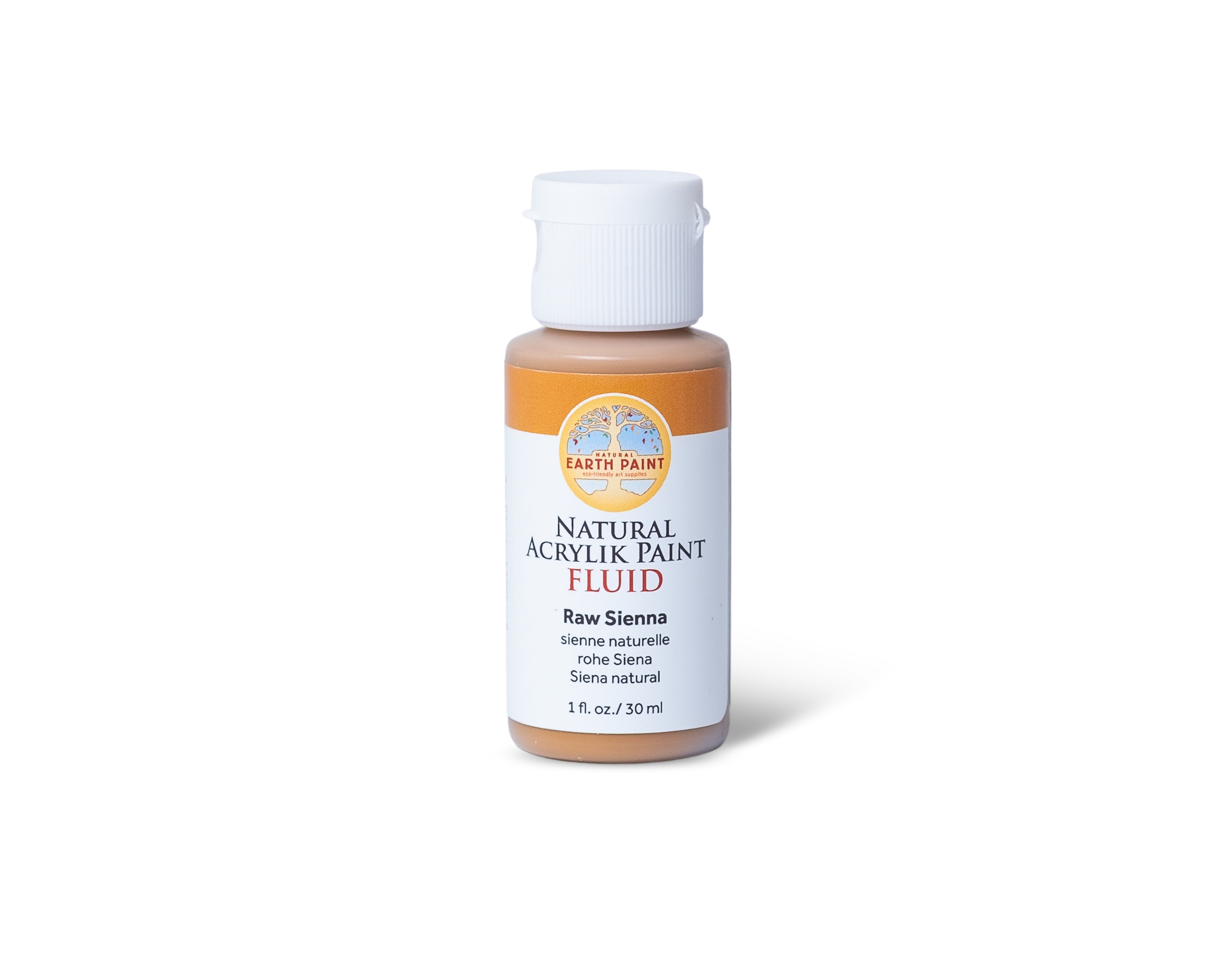 Bottle of Earth Paint natural acrylic paint in Raw Sienna color on a white background