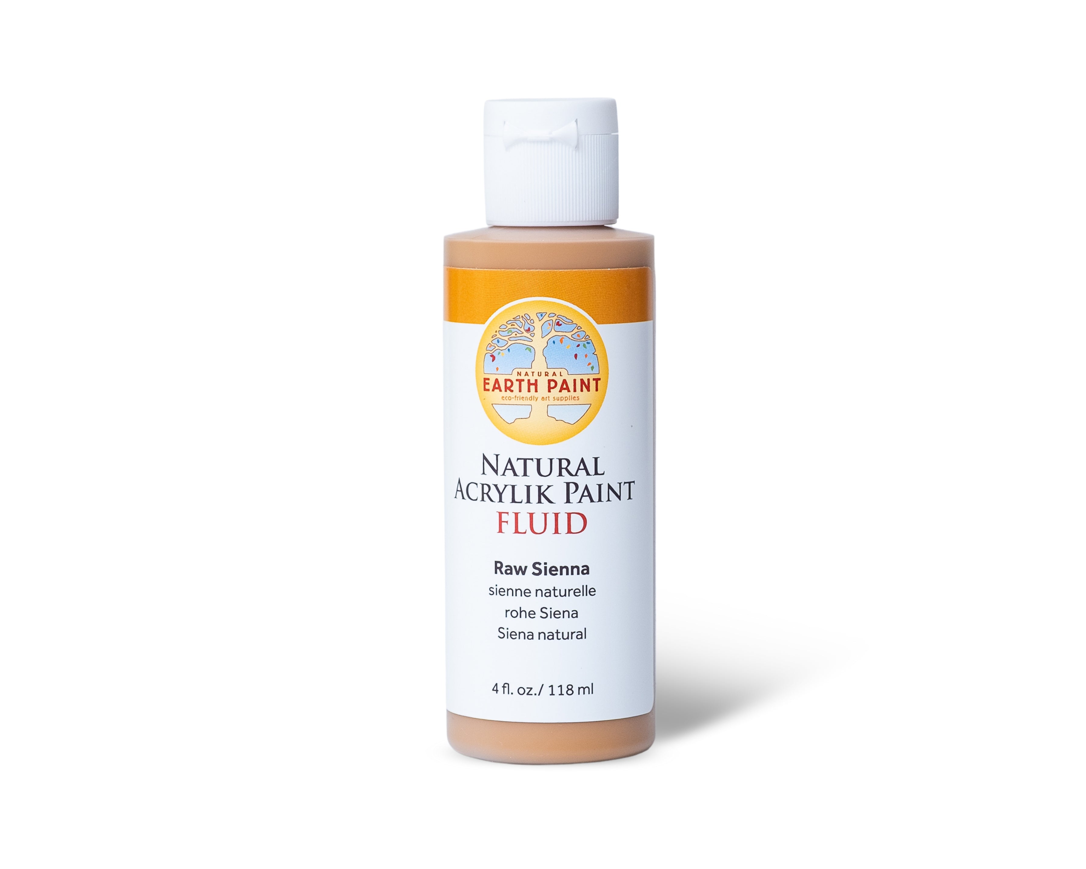 Bottle of Natural Acrylik Paint Fluid in Raw Sienna color on a white background