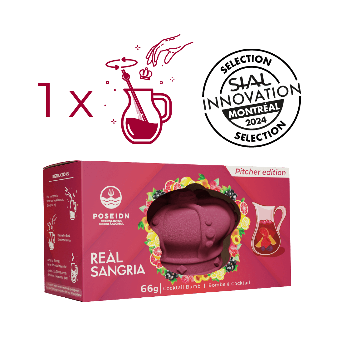 Real Sangria cocktail bomb packaging with SIAL Innovation Montreal 2024 logo on a black background