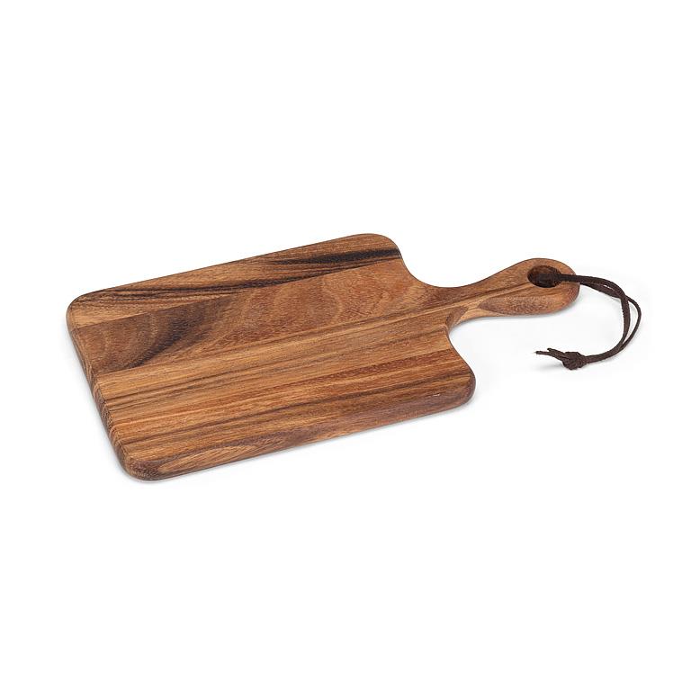 Wooden cutting board with a handle on a white background