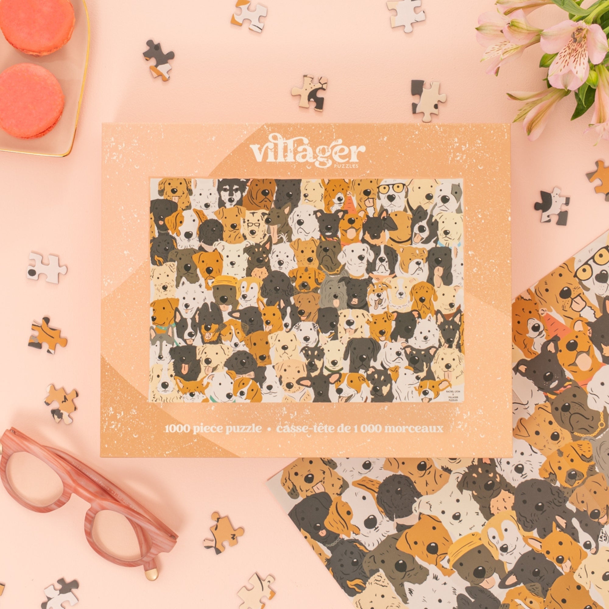 Villager 1000 piece puzzle with dog pattern on a pink background