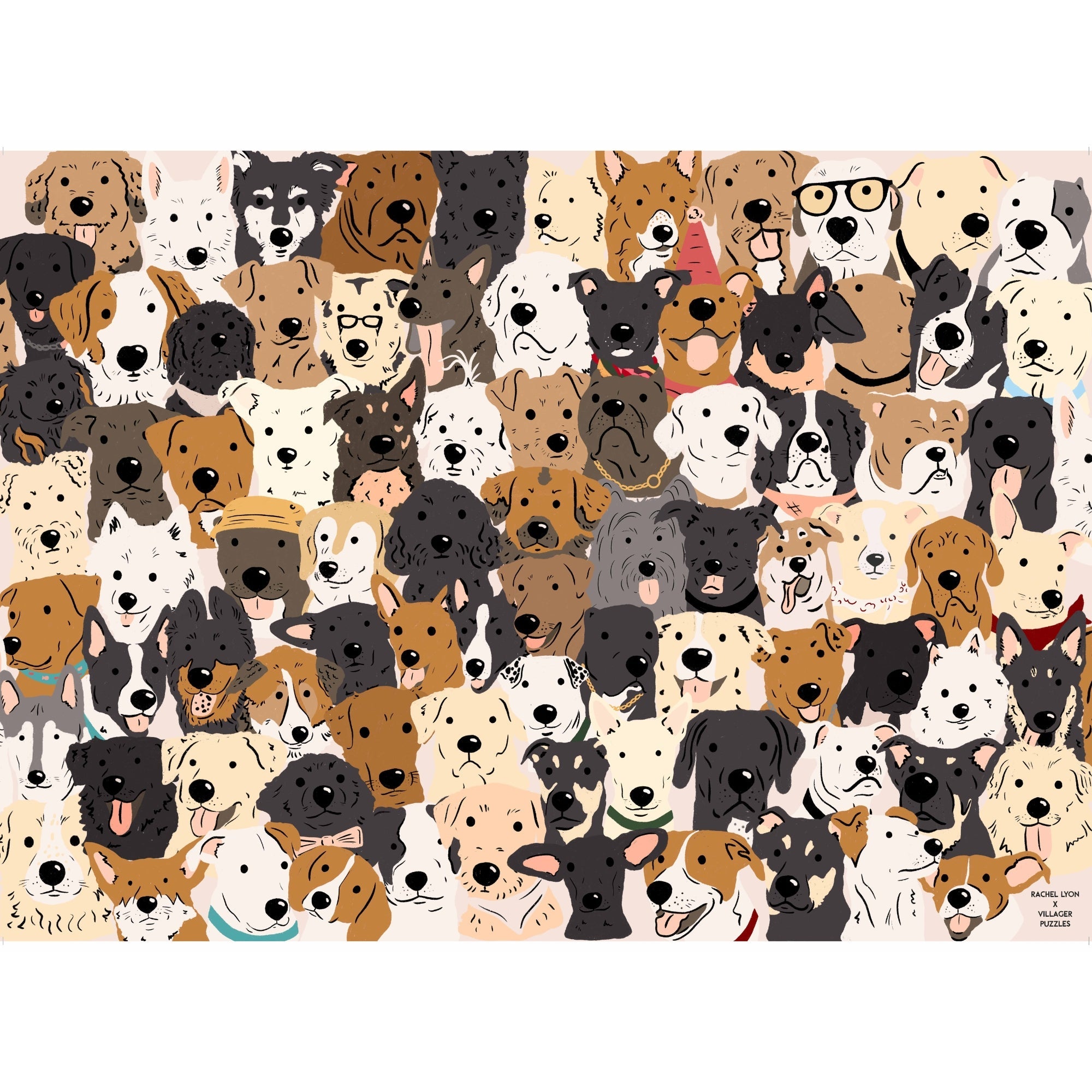 Illustration of a large group of dogs with various breeds and colors on a white background.