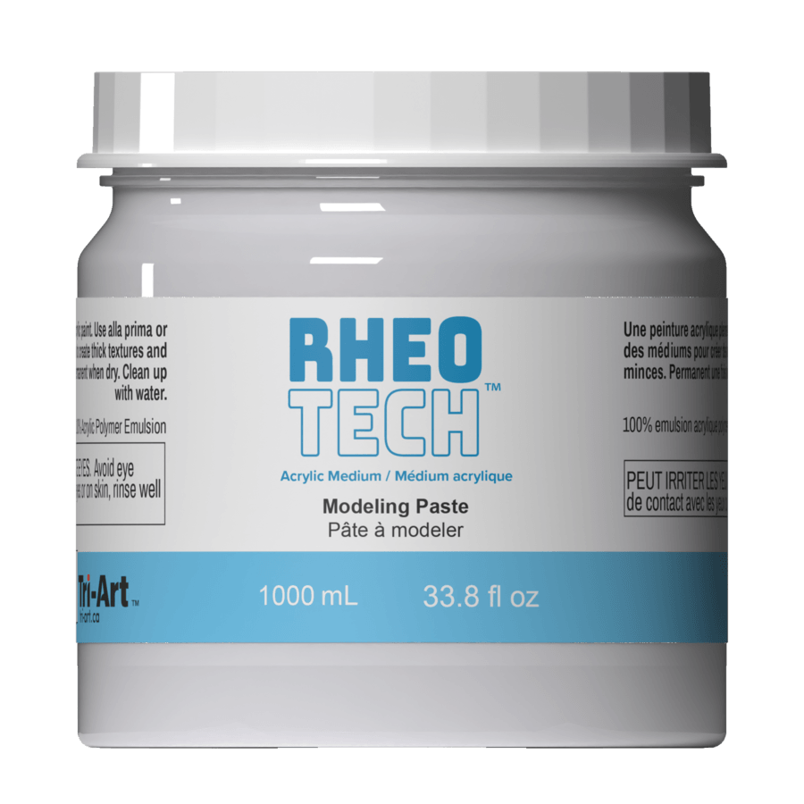 Jar of RHEO TECH Modeling Paste with blue and white label on a dark background