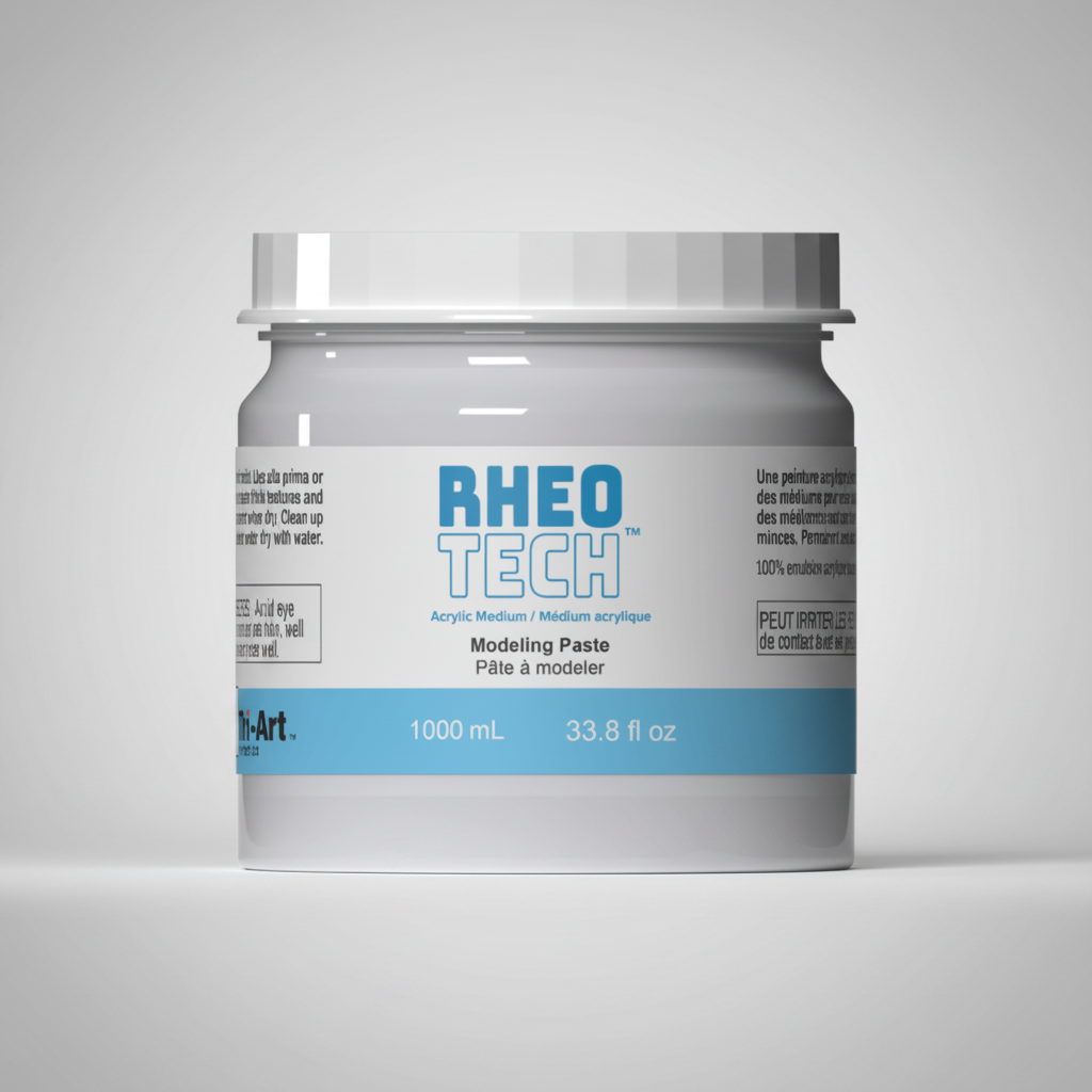 Jar of RHEO TECH Modeling Paste with blue and white label on a dark background