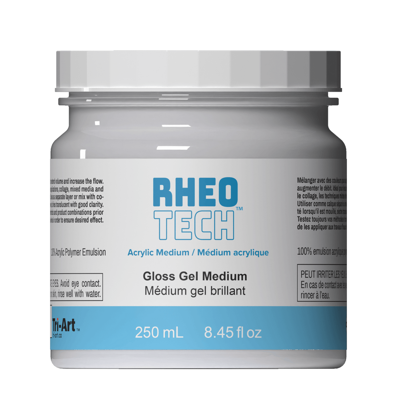 Rheo Tech acrylic medium container with label on a green background