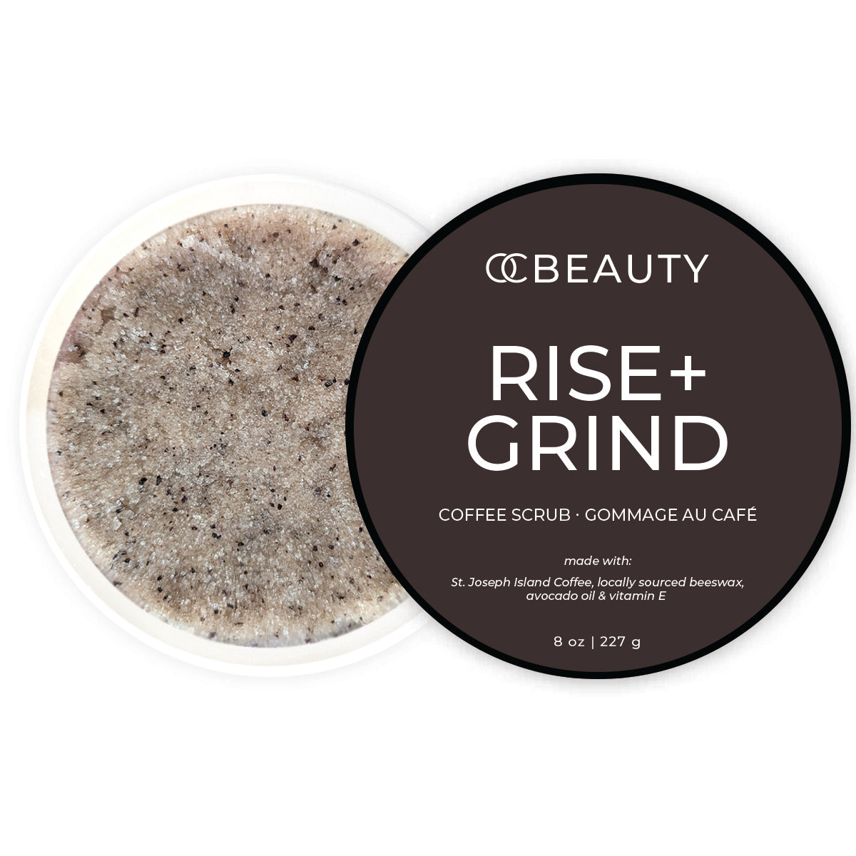 OC Beauty Rise + Grind Coffee Scrub with a black label on a white background