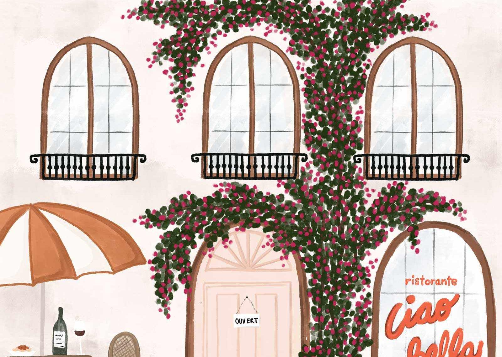 Illustration of a Italian restaurant entrance with flowers, table, chairs, and 'ristorante Ciao Bella' sign.