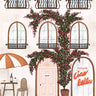 Illustration of a Italian restaurant entrance with flowers, table, chairs, and 'ristorante Ciao Bella' sign.