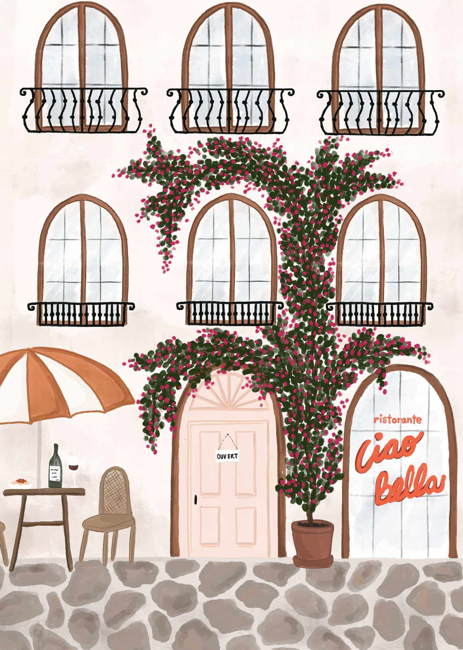 Illustration of a Italian restaurant entrance with flowers, table, chairs, and 'ristorante Ciao Bella' sign.