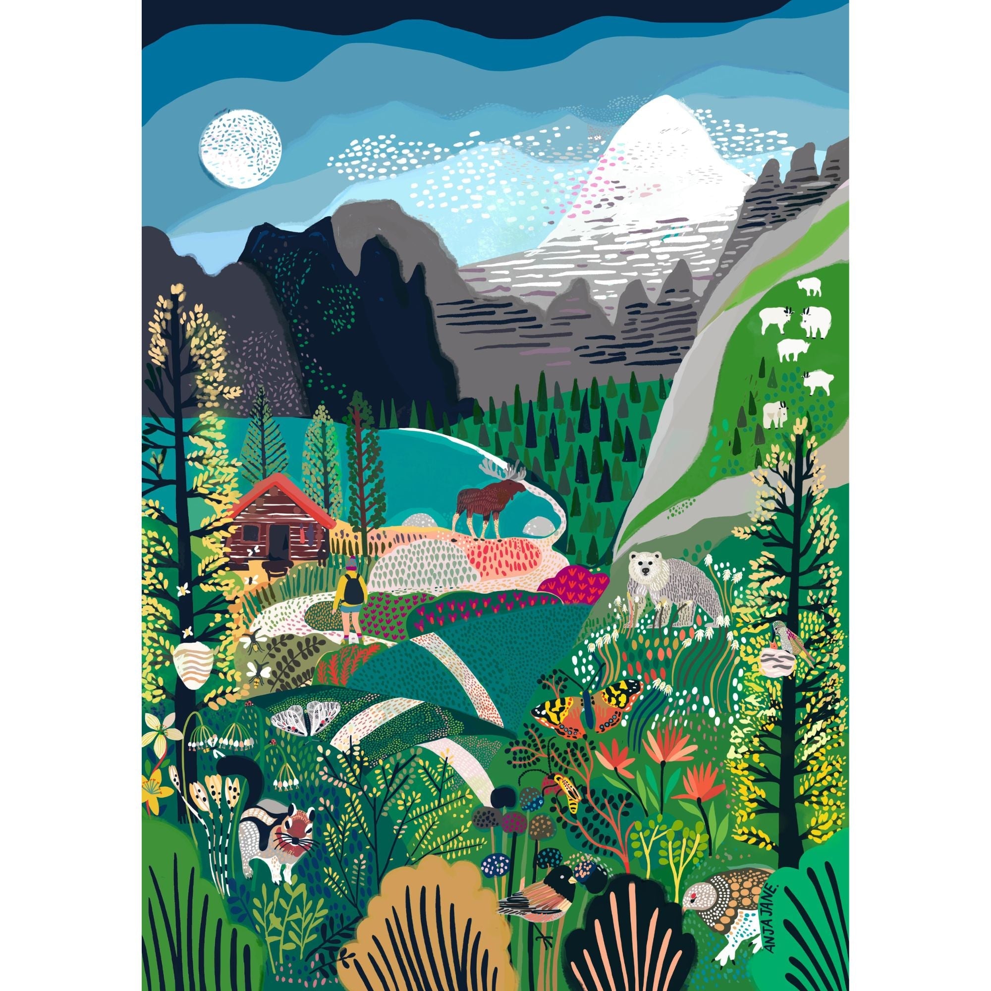 Rockies Explorer | 500-Piece Puzzle for Adults Illustration of a mountainous landscape with animals and a cabin.