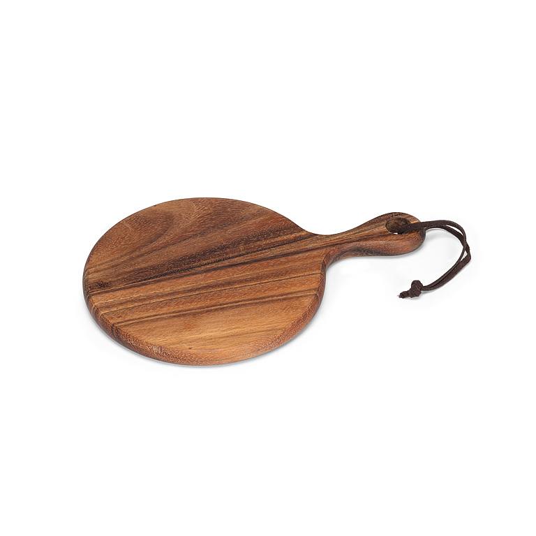 Wooden cutting board with a handle on a white background