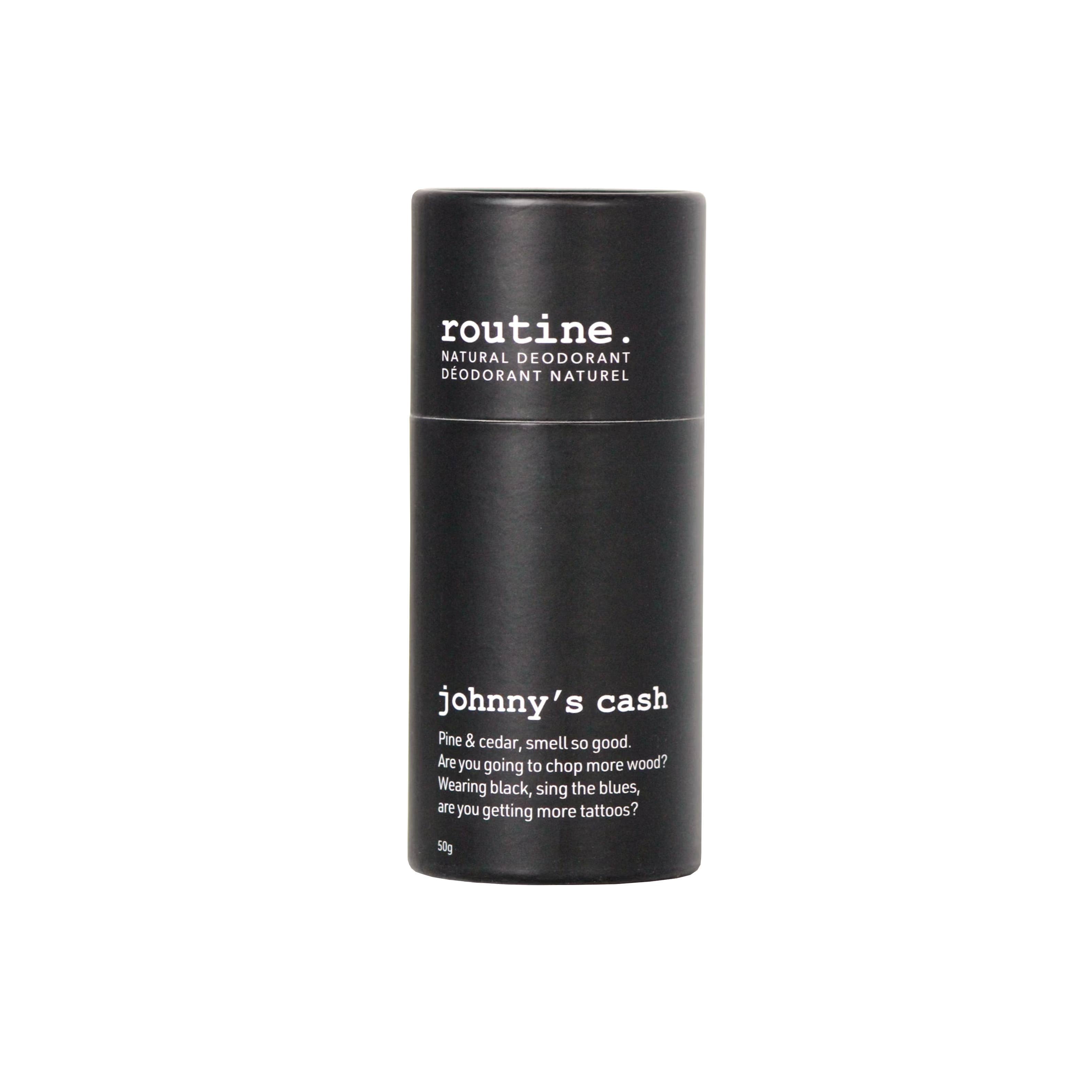 Johnny's Cash 50g natural deodorant stick with woodsy scents of cedarwood, pine, bergamot, and patchouli.