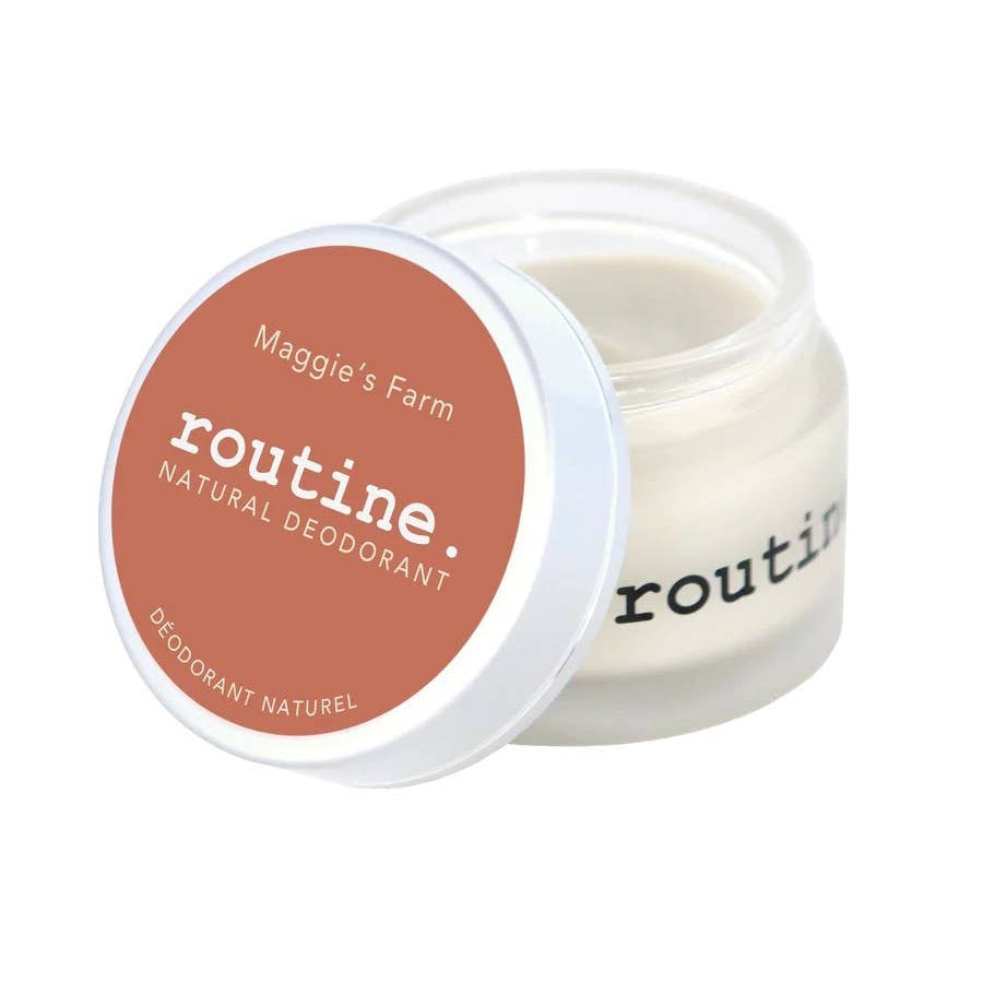 Routine deodorant jar by Maggie's Farm, featuring a natural formula with bright and smoky scents.