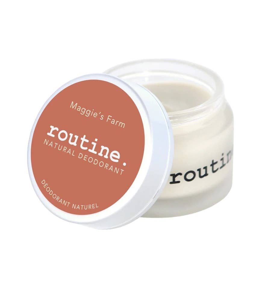 Routine deodorant jar by Maggie's Farm, featuring a natural formula with bright and smoky scents.