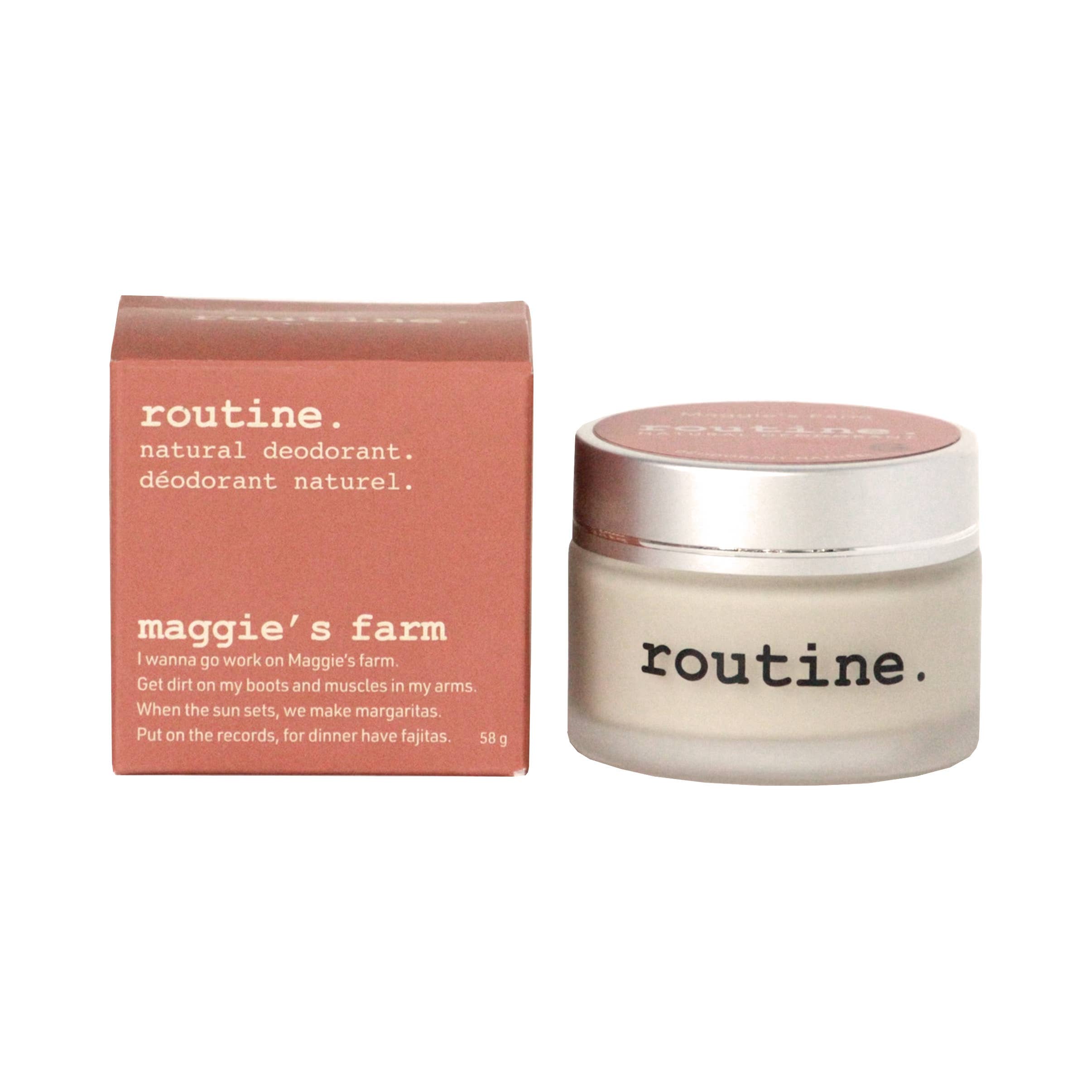 Routine Maggie's Farm 58g natural deodorant jar with its packaging, featuring a bright and smoky scent formula.