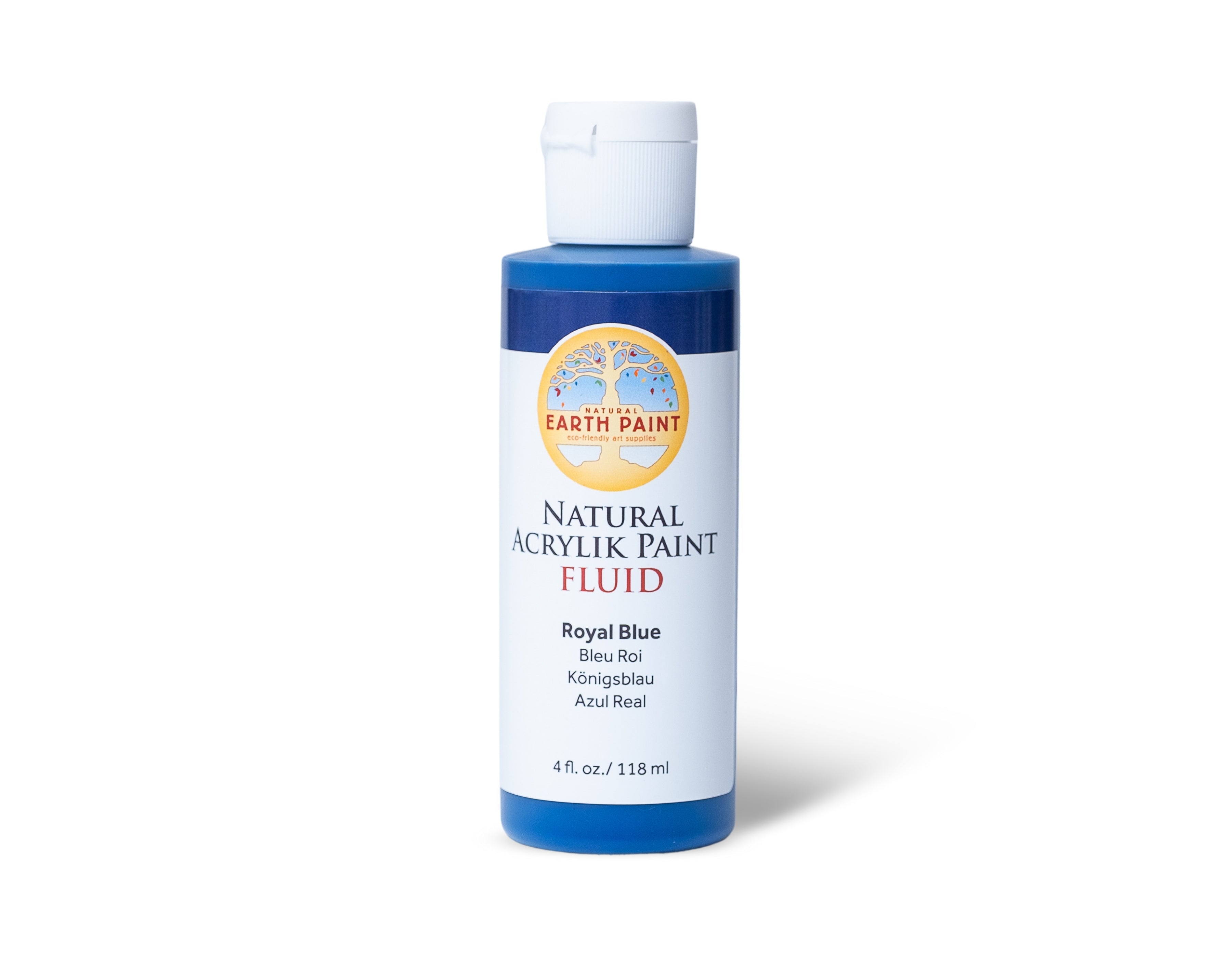 Bottle of Earth Paint Natural Acrylic Paint Fluid in Royal Blue on a white background