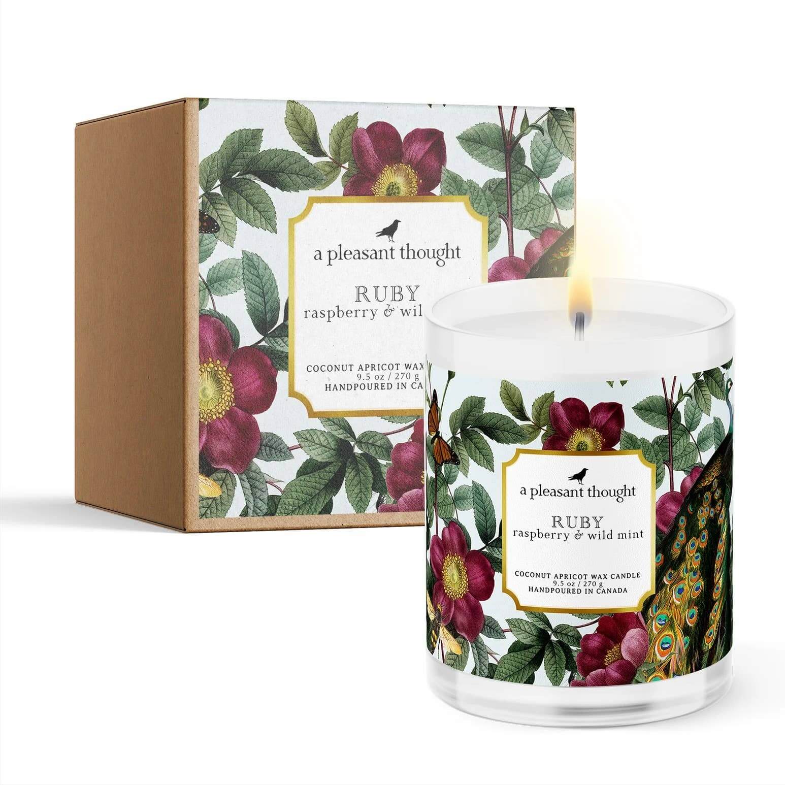 Ruby raspberry & wild mint candle in clear glass with wooden wick, featuring lush floral packaging.