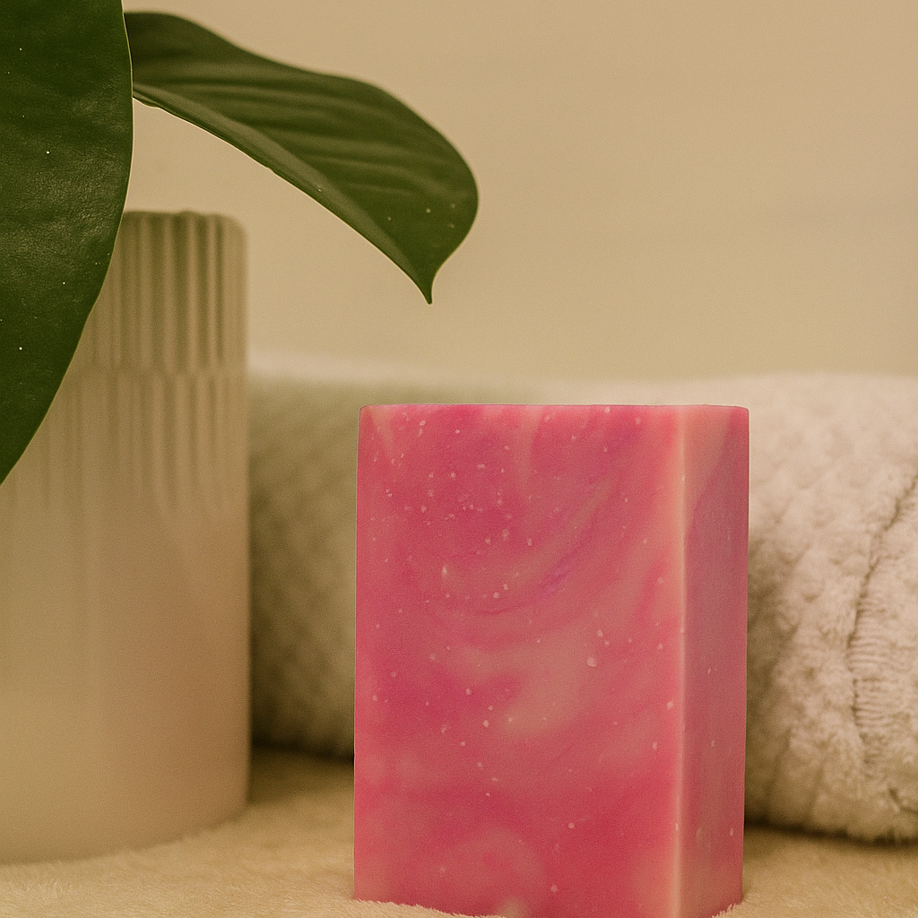 Pink soap bar on a textured surface with a plant leaf and cylindrical container in the background.