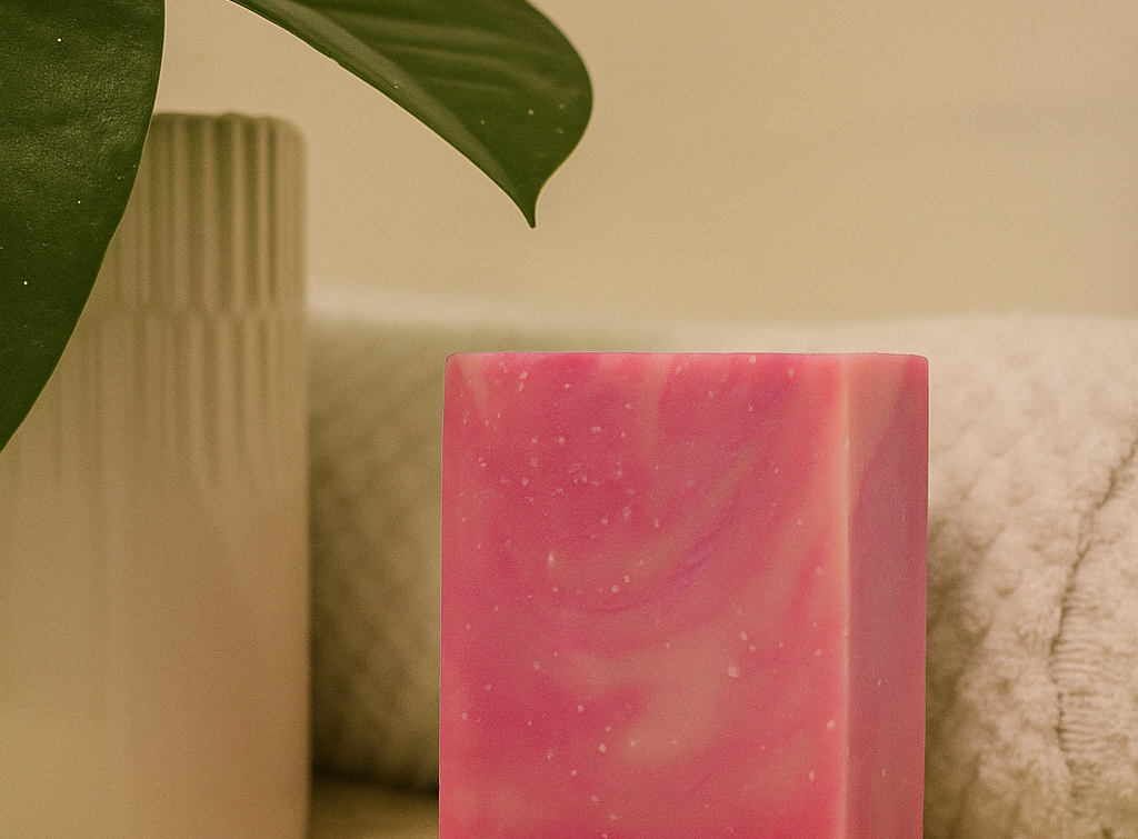 Pink soap bar on a textured surface with a plant leaf and cylindrical container in the background.