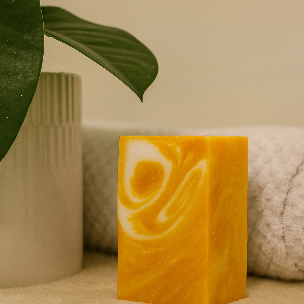 Yellow soap bar with white swirls on a beige surface, surrounded by green leaves and a textured white container.