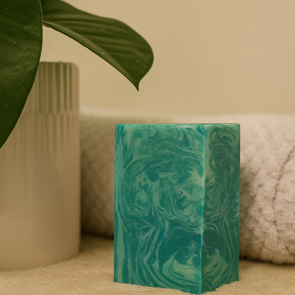 Green marbled candle on a textured surface with a plant leaf in the corner
