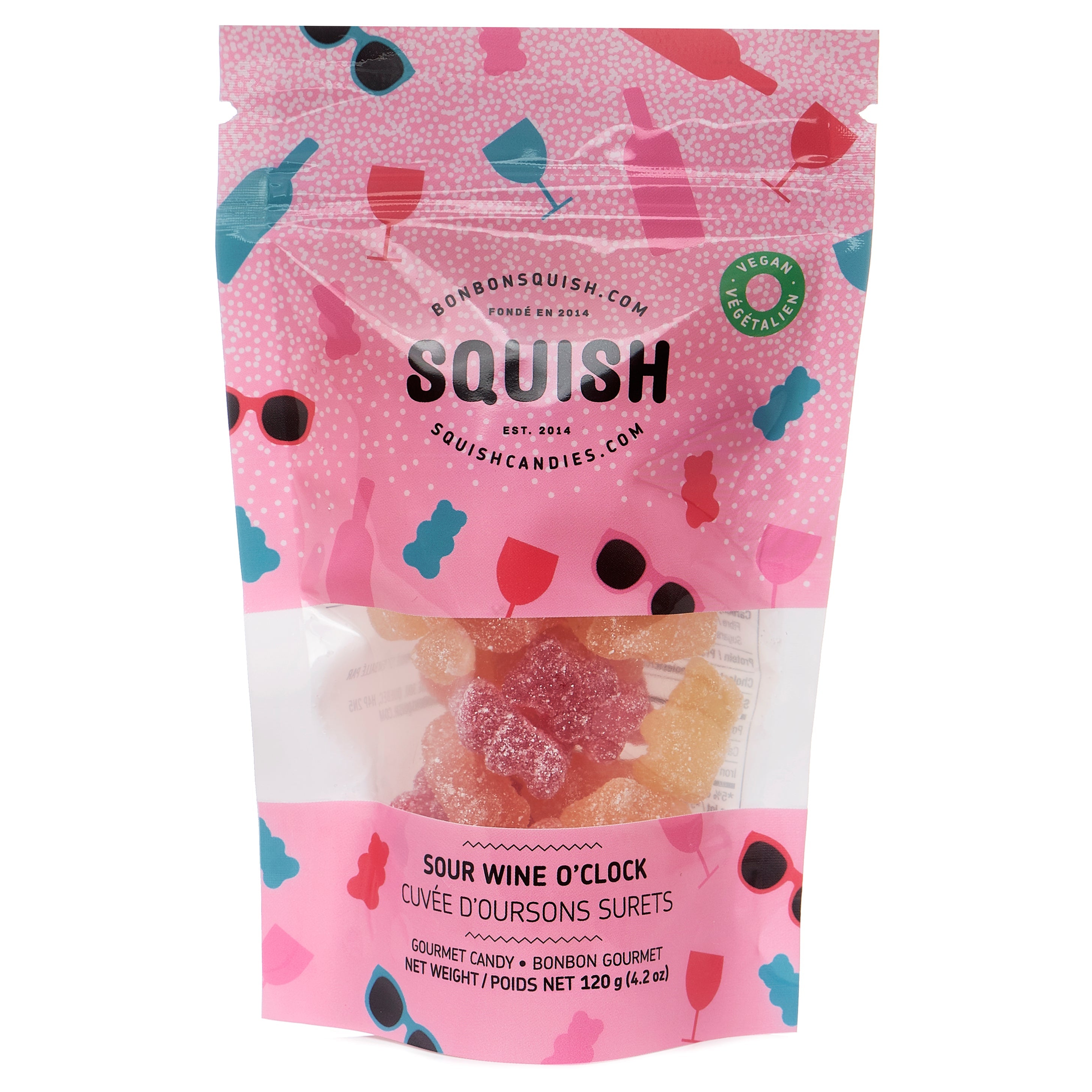 Pink packaging of Squish candy with colorful graphics on a white background