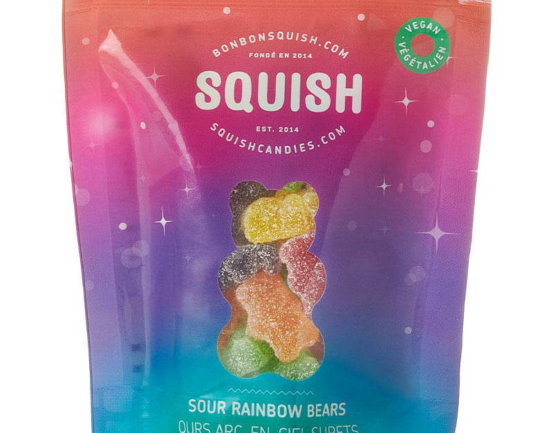 Squish gummy bears packaging with colorful gradient background