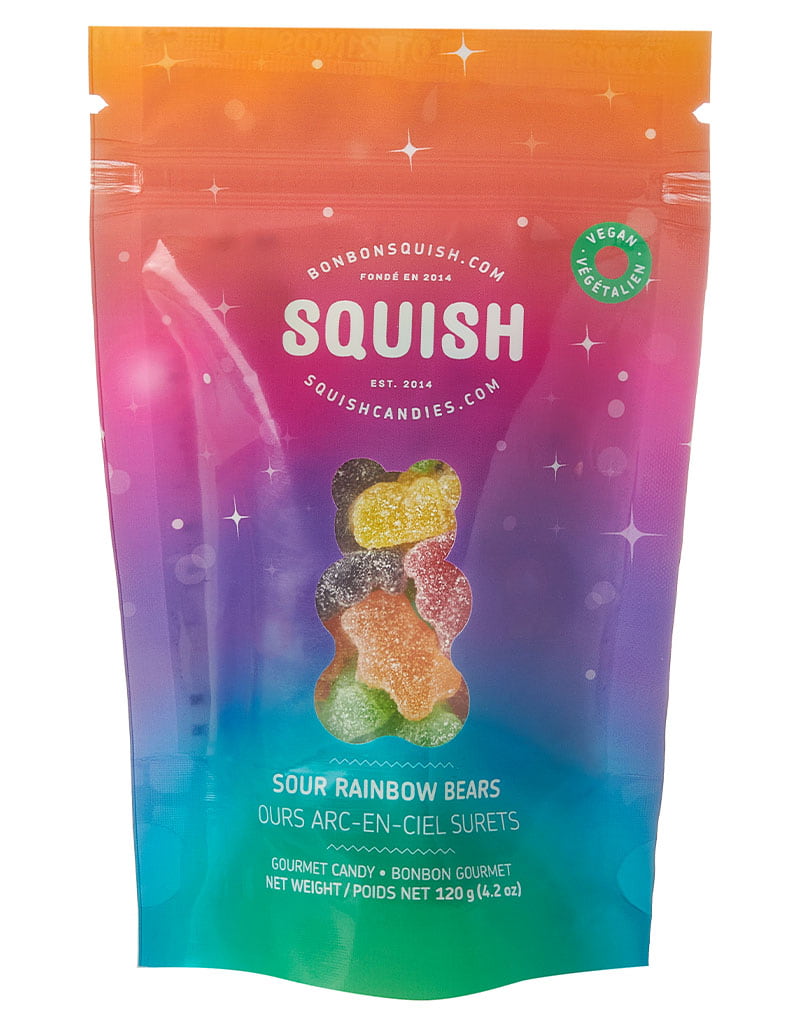 Squish gummy bears packaging with colorful gradient background