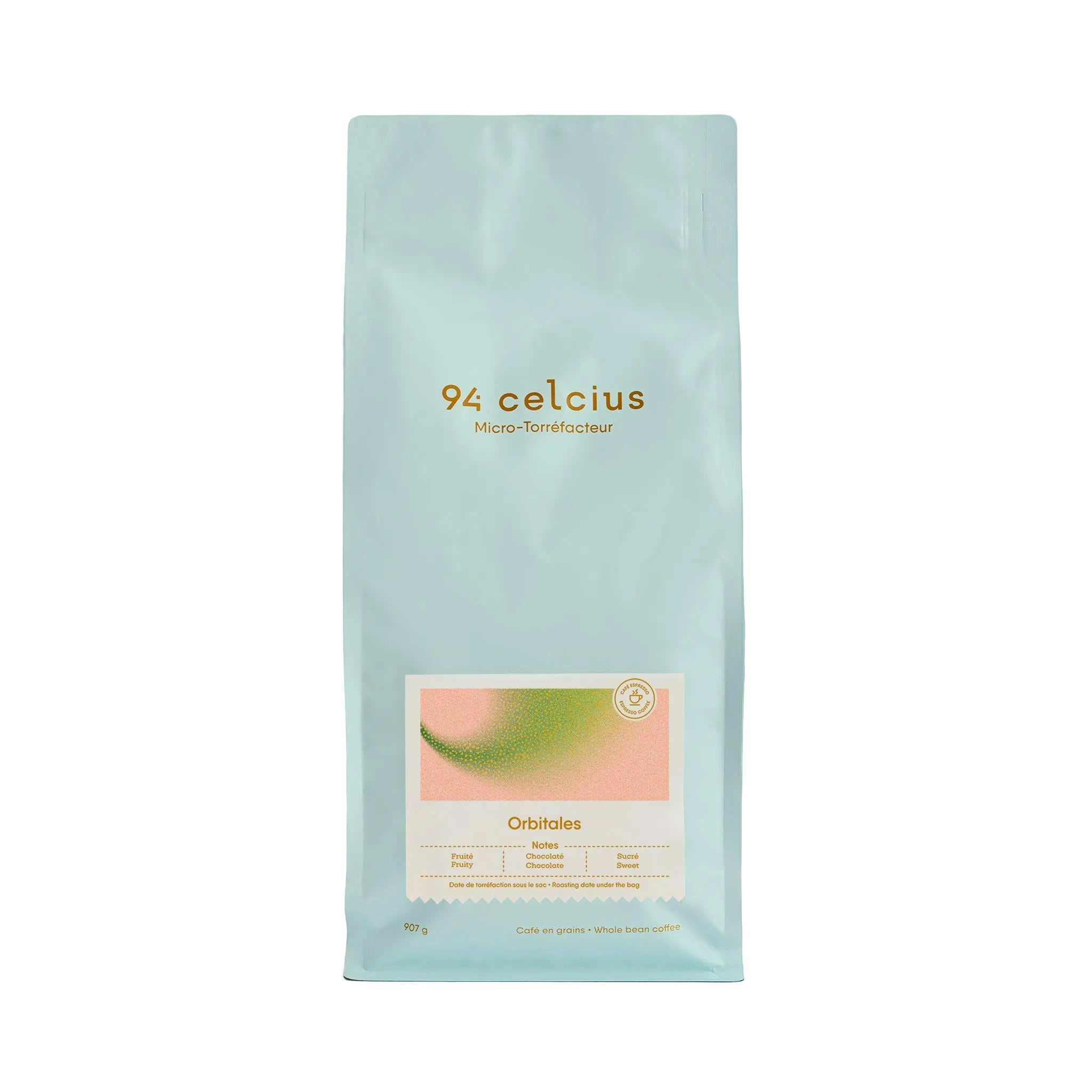 A light blue stand-up pouch of 94 celcius México-Torontofoyer Orbitoles coffee, set against a solid light blue background.