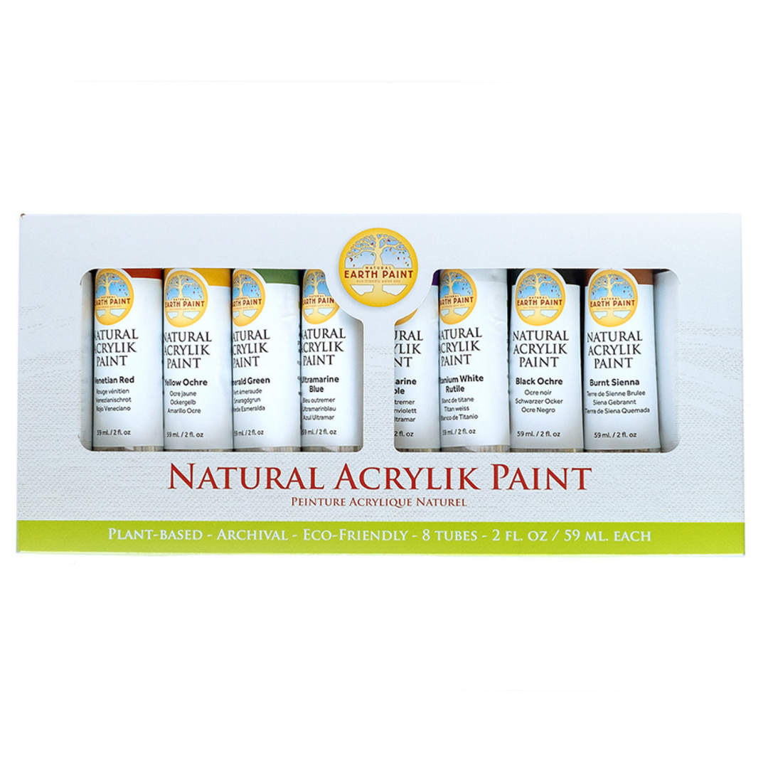 Box of Earth Paint natural acrylic paint tubes on a white background