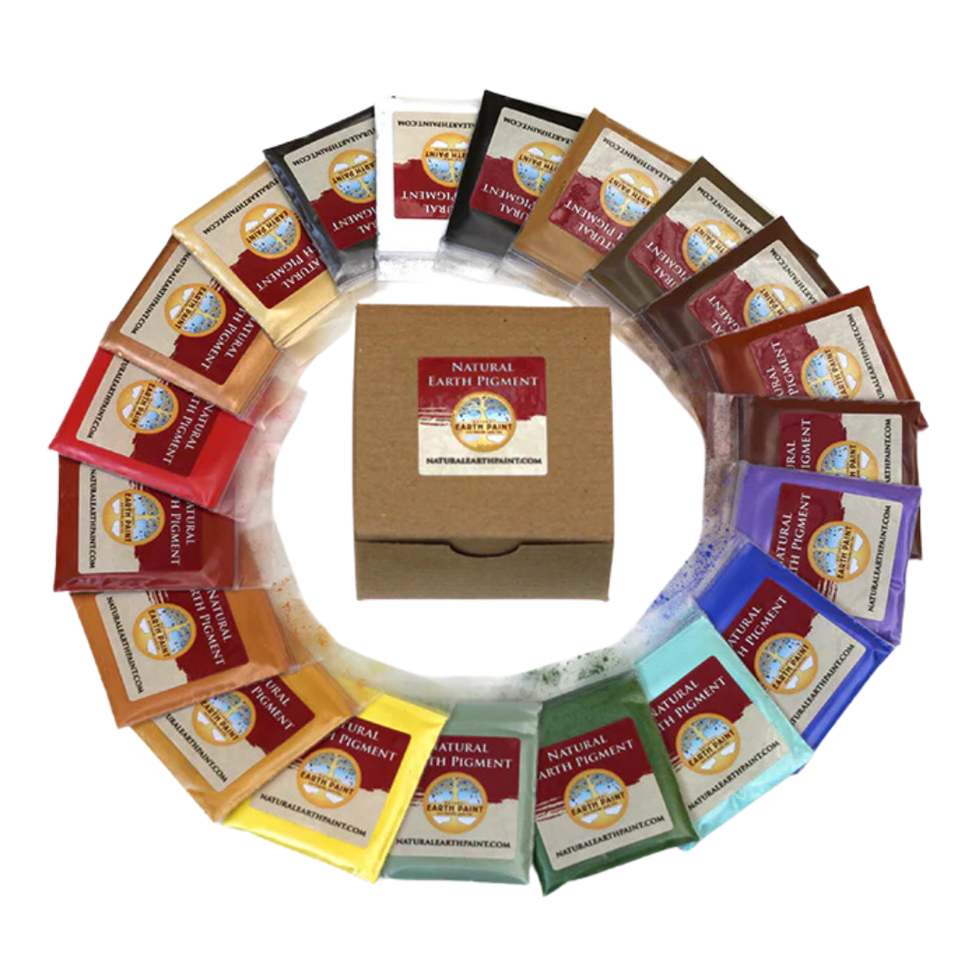 Circular arrangement of color swatch packets with a central box labeled 'Natural Earth Pigment'.
