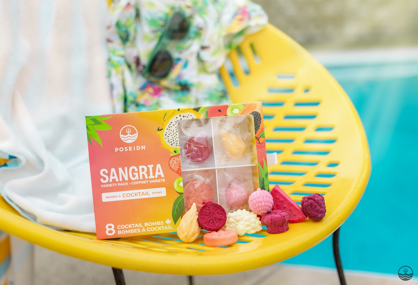 Sangria-flavored gummy bears packaging on a yellow chair with a pool in the background