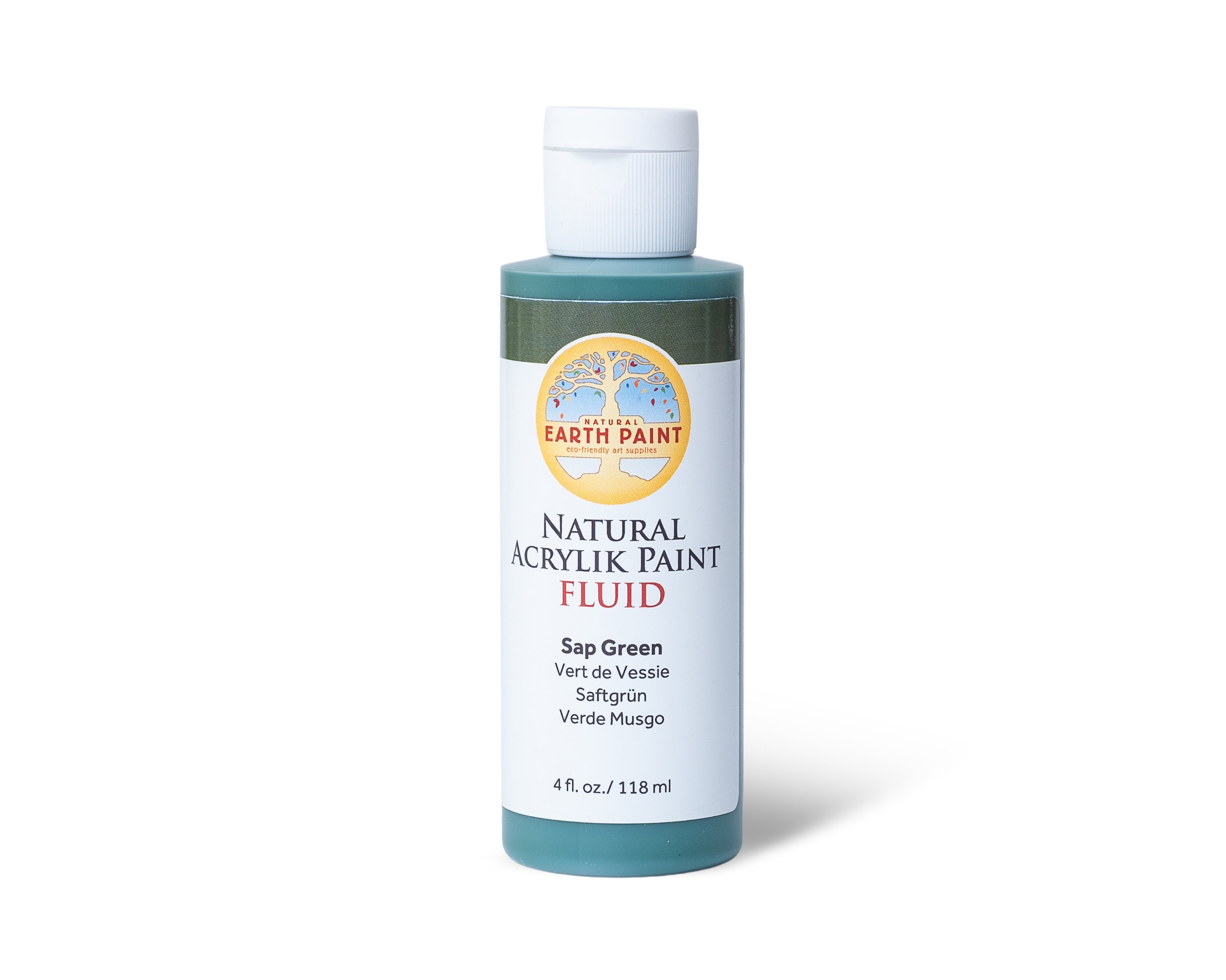 Bottle of Earth Paint natural acrylic paint fluid in sap green on a white background