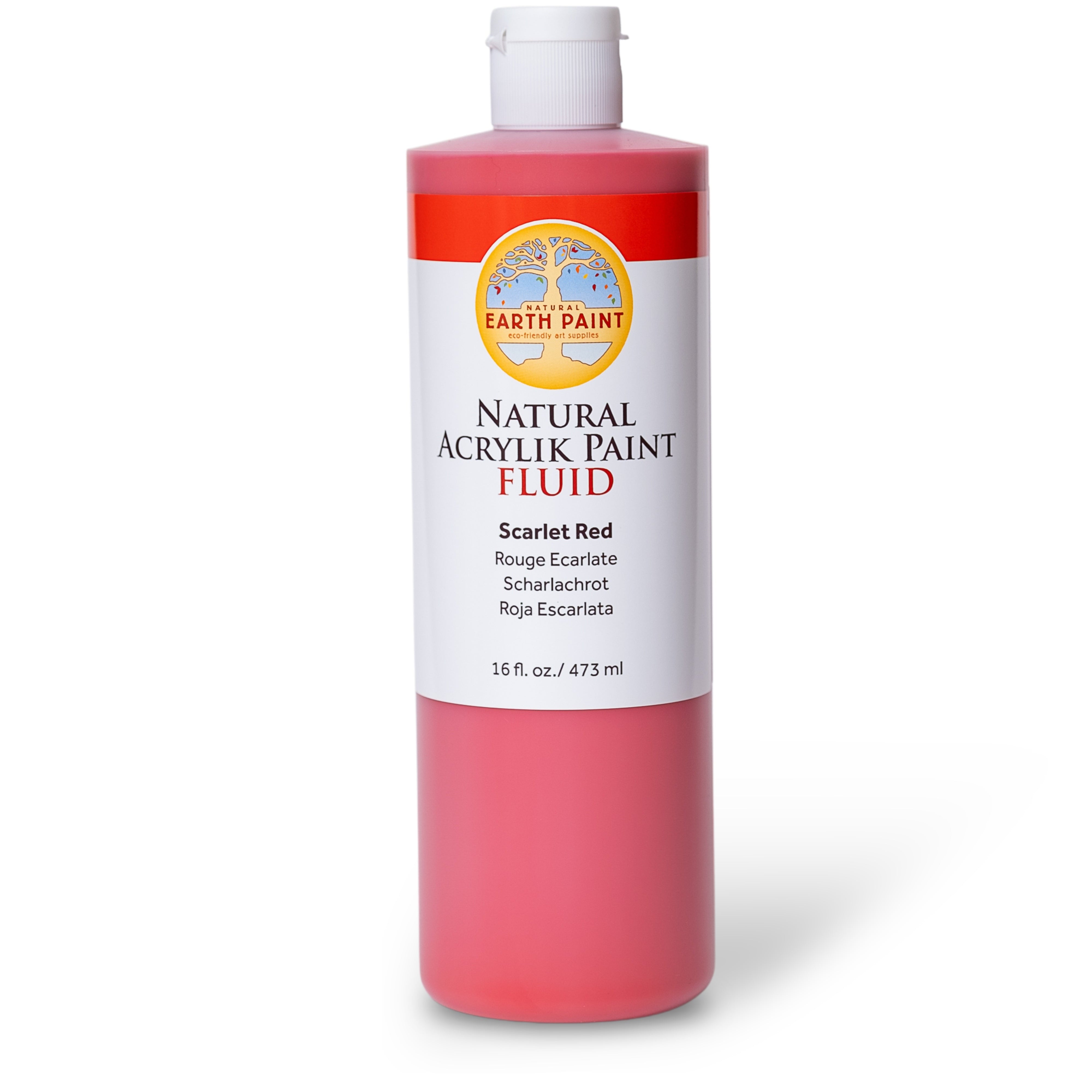 Bottle of Scarlet Red natural acrylic paint fluid on a white background