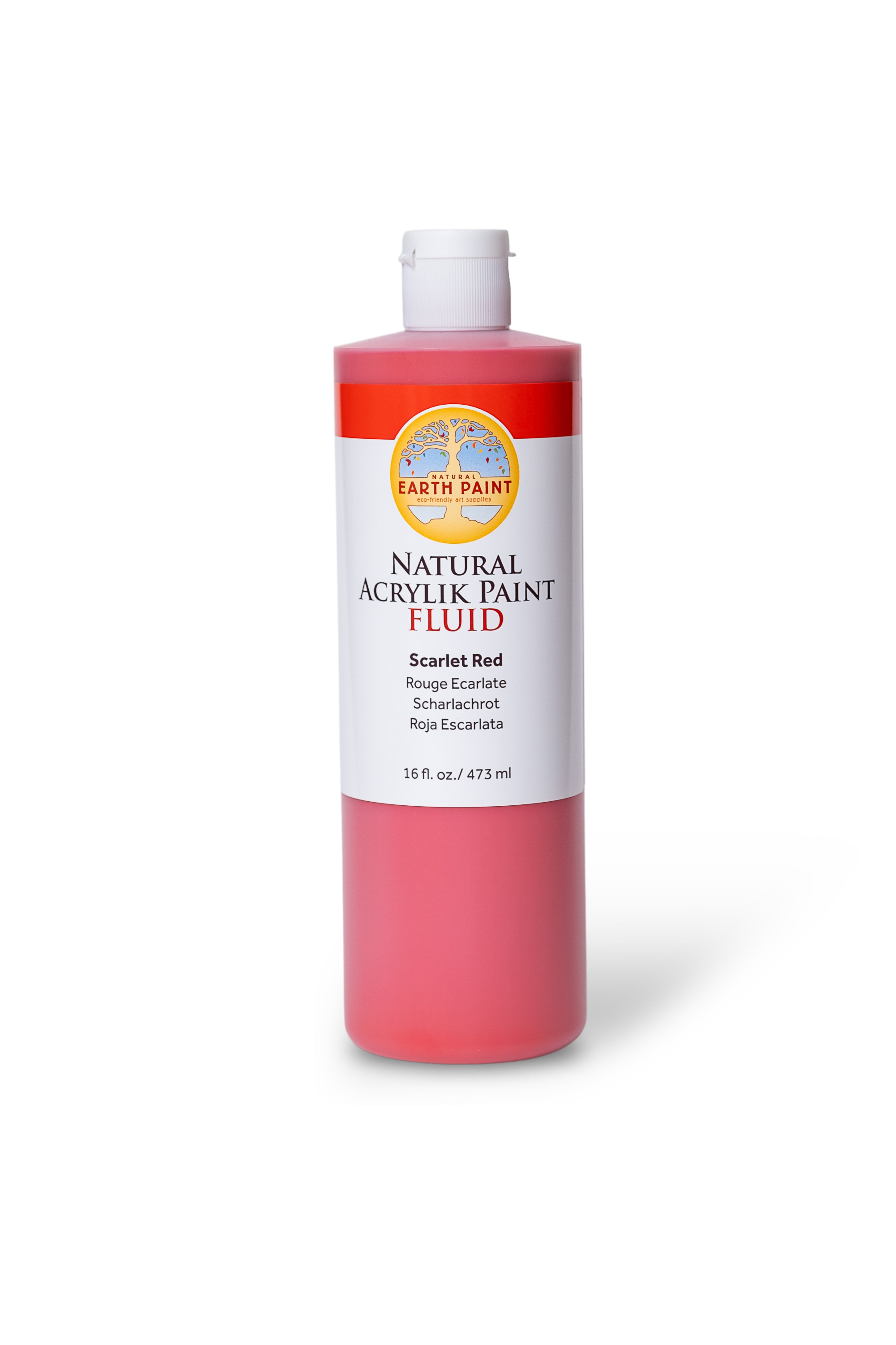 Bottle of Scarlet Red natural acrylic paint fluid on a white background