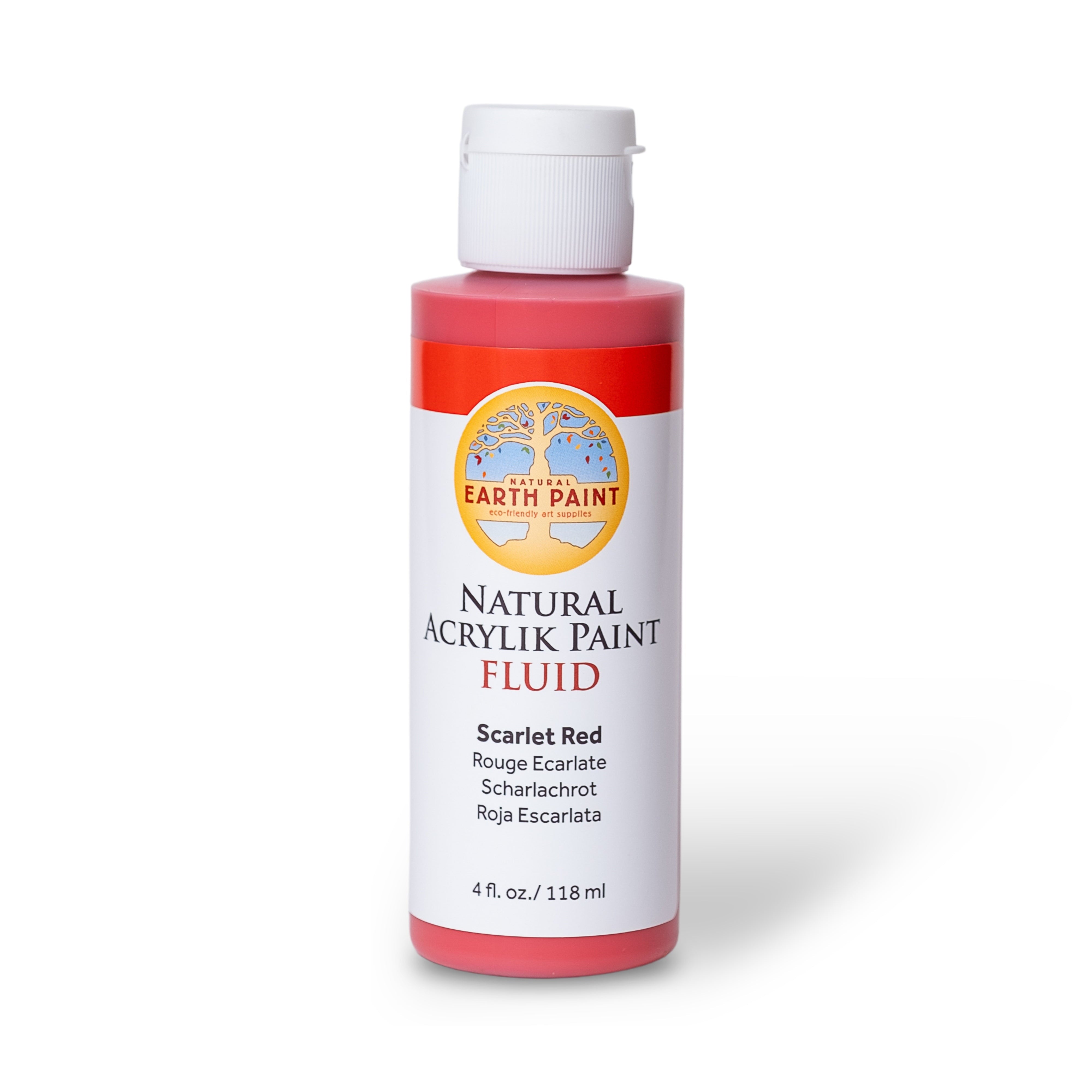 Bottle of Earth Paint Natural Acrylic Paint Fluid in Scarlet Red on a white background